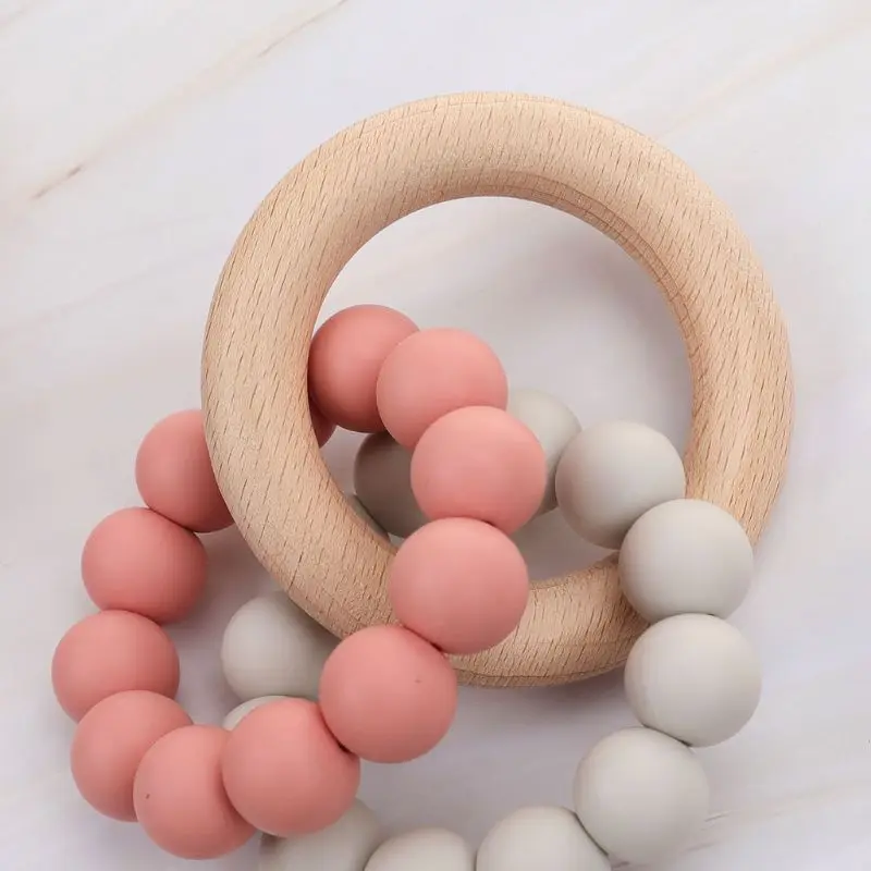 Зубной прорезыватель для малышей тренажерный зал погремушка игрушка из натурального дерева и BPA-Free Силиконовые бусы для прорезывания зубов кольцо жевательная игрушка