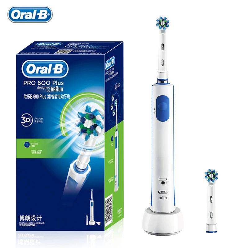 Oral-B Pro600 Plus Rechargeable Electric Toothbrush Rotating 3D Replaceable  Crossaction Electric Tooth Brush Head Oral B Nozzles - AliExpress