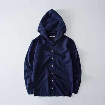 

2020 Men Autumn New Style Flax Long-sleeved Shirt Teenager Solid Color Simple Hooded Casual Shirt