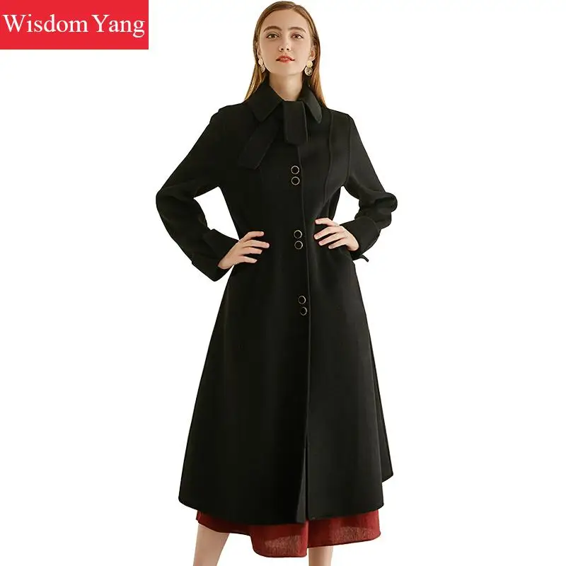 

Winter Woolen Cashmere Coat Fleece Jacket Outerwear Women Vintage Black Wool Long Skirt Coats Trench Jackets Autumn Overcoat