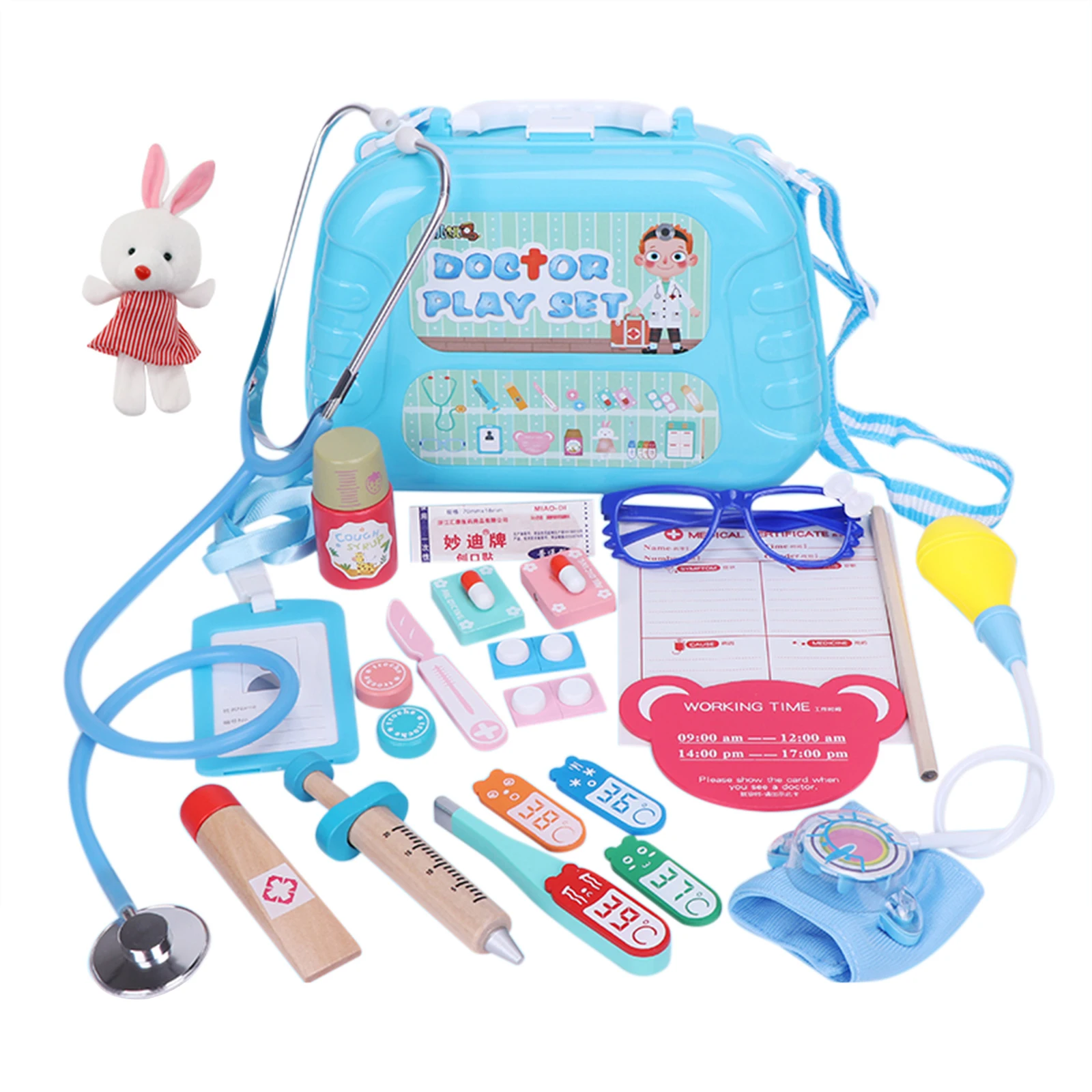 

21Pcs Children Doctor Pretend Play Wooden Medical Tool Toys with Stethoscope - Blue