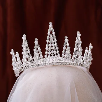 

Baroque Luxury Silver Plated Crystal Beads Pearl Bridal Tiaras Crown Rhinestone Pageant Diadem Headband Wedding Hair Accessories