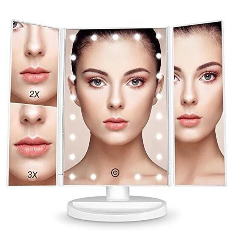 white enlargement Светодиодный сенсорный экран косметическое зеркало дамское домашнее настольное трехсторонний складное зеркало с ночным светом косметическое зеркало высокой четкости - Цвет: white enlargement