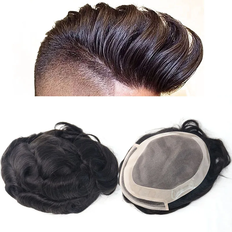 

Hair Toupee Natural Looking Hair System For Men 100% European Human Hair Toupee PU Replacement System 1B# Color VenVee Remy Hair