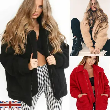 

UK Women's Winter Warm Teddy Bear Pocket Fluffy Coat Fleece Fur Jacket Outerwear Zipper Solid Color Jackets
