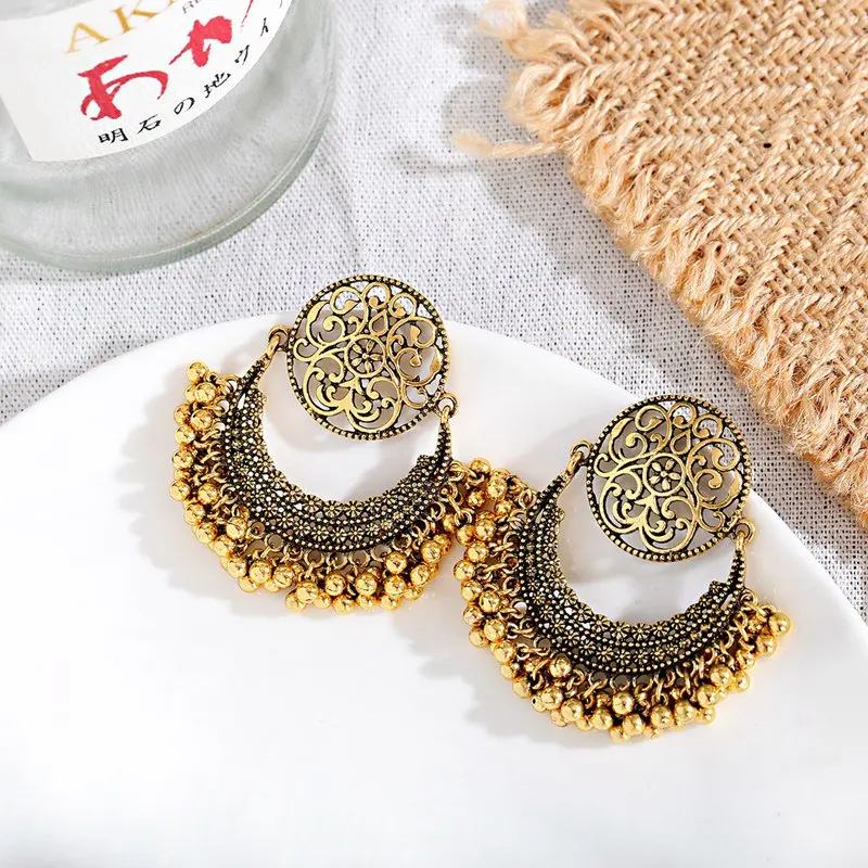 Orecchini Tribali Indiani Jhumka RechicGu - Stile Vintage Kuchi Banjara Con Pietre Colorate E Luna Crescente, Perline Fatte A Mano