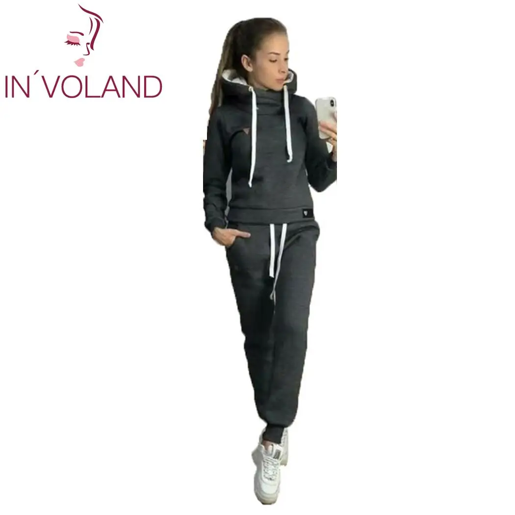 

IN'VOLAND Plus Size Women Sportswear Suit Casual Autumn Winter Long Sleeve Hoodie Tops + Pants with Pockets Solid Female Set