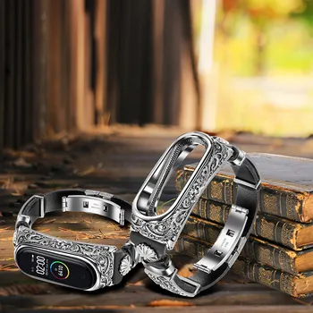 

Vintage Punk Delicately Carved Strap Replacement Leather Wristband Band Strap + Metal Case For Xiaomi Mi Band 4/3