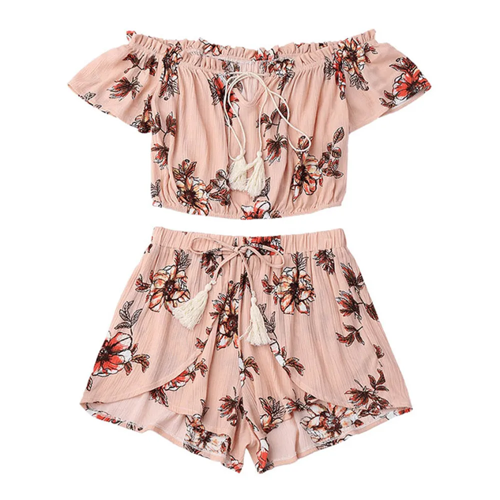 Summer Women Two Piece Set Fashion Flower Print Off Shoulder Short Sleeve Crop Tops And Shorts Set 2021 Женские Костюмы#fs 1