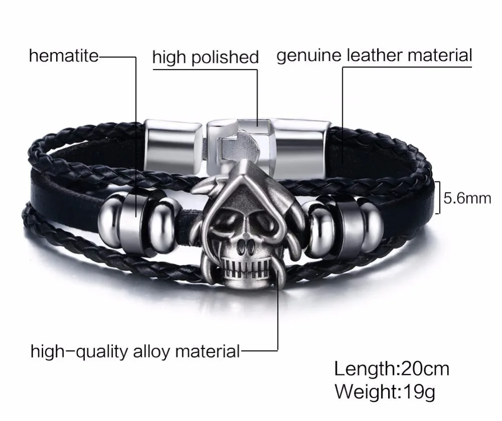 Mens Bracelets Braided Faux Leather & Skull Beaded Bracelet In Black Alloy Wristband Cuff Bangle Men Vintage Jewelry Accessories Pulseira Masculina 16