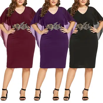 

Hot Chiffon women's dress Plus Size Women Solid Color Cape V Neck Flower Embroidery Midi Bodycon Dress