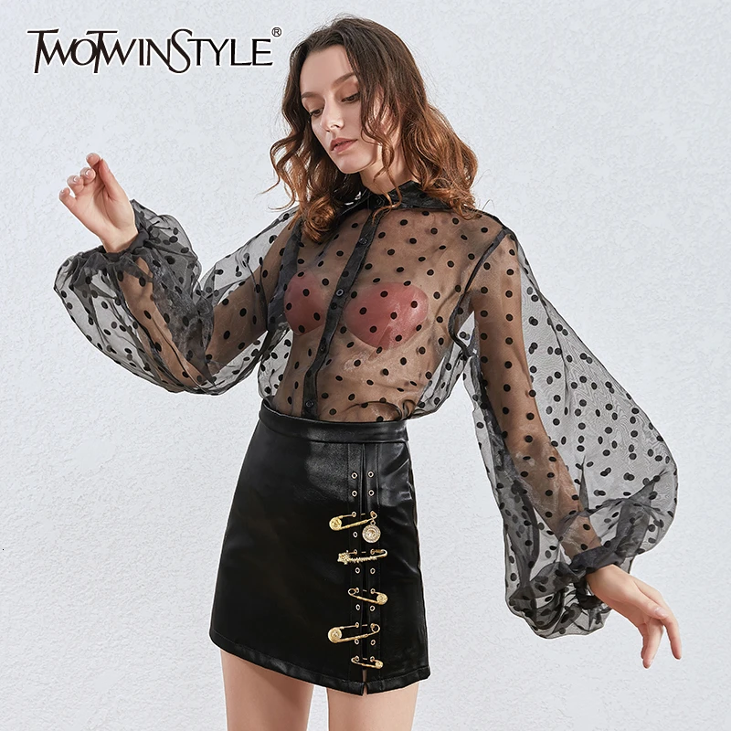 TWOTWINSTYLE горошек перспектива блузки для женщин воротник с лацканами фонарь