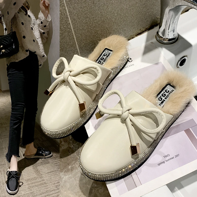 

Women Platform Slippers Autumn New Short Plush Rhinestone Slippers Fashion Round Toe Mules Shoes Ladies Comfortable Warm Slides