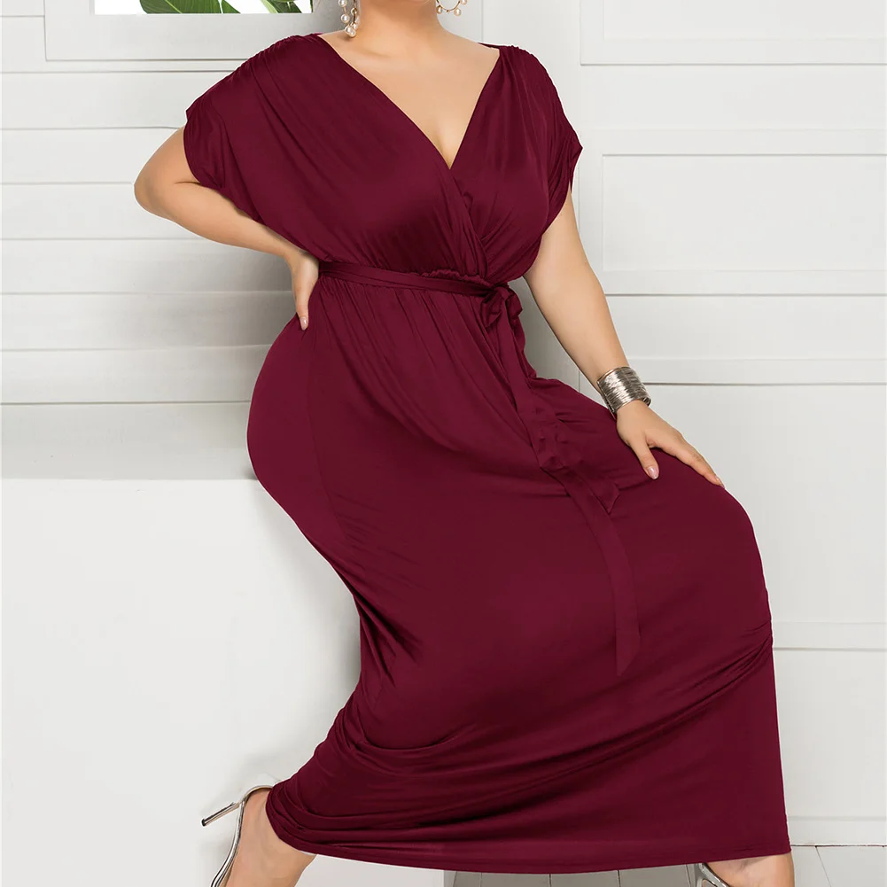 wine red Женское однотонное платье с v-образным вырезом и коротким рукавом женская Повседневная Свободная платье Вечерние-MX8 - Цвет: wine red