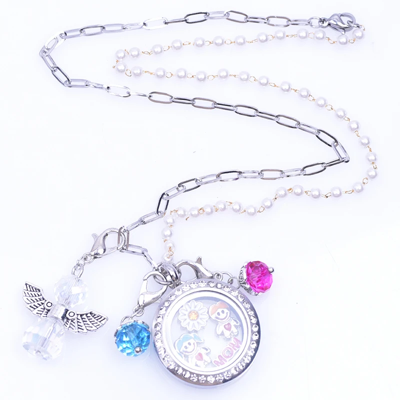 Heart Crystal Floating Round Charms Necklace Locket Living Memory Mother’s Gift 
