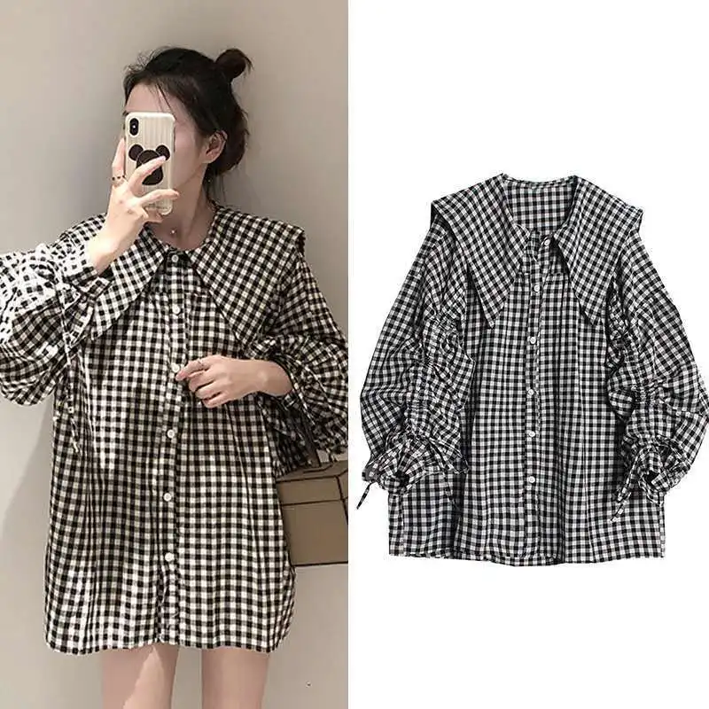 

Bow Shirts Womens 2021 New Korean Lantern Sleeve Plaid Oversized Blouse Young Preppy Style Plus Size Lapel Peter Pan Collar Tops