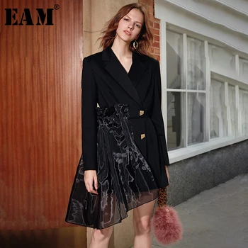 

[EAM] Women Black Organza Asymmetrical Blazer New Lapel Long Sleeve Loose Fit Jacket Fashion Tide Spring Autumn 2020 1K895