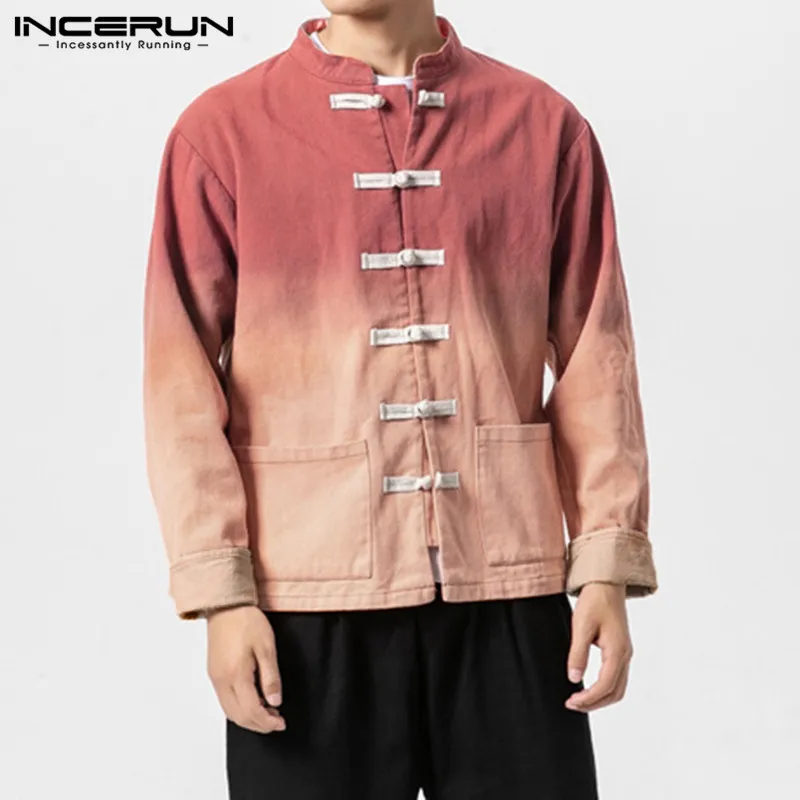 INCERUN Retro Men Shirt Button Up Stand Collar Gradient Long Sleeve Cotton Vintage Ethnic Style Casual Shirts Streetwear Camisa
