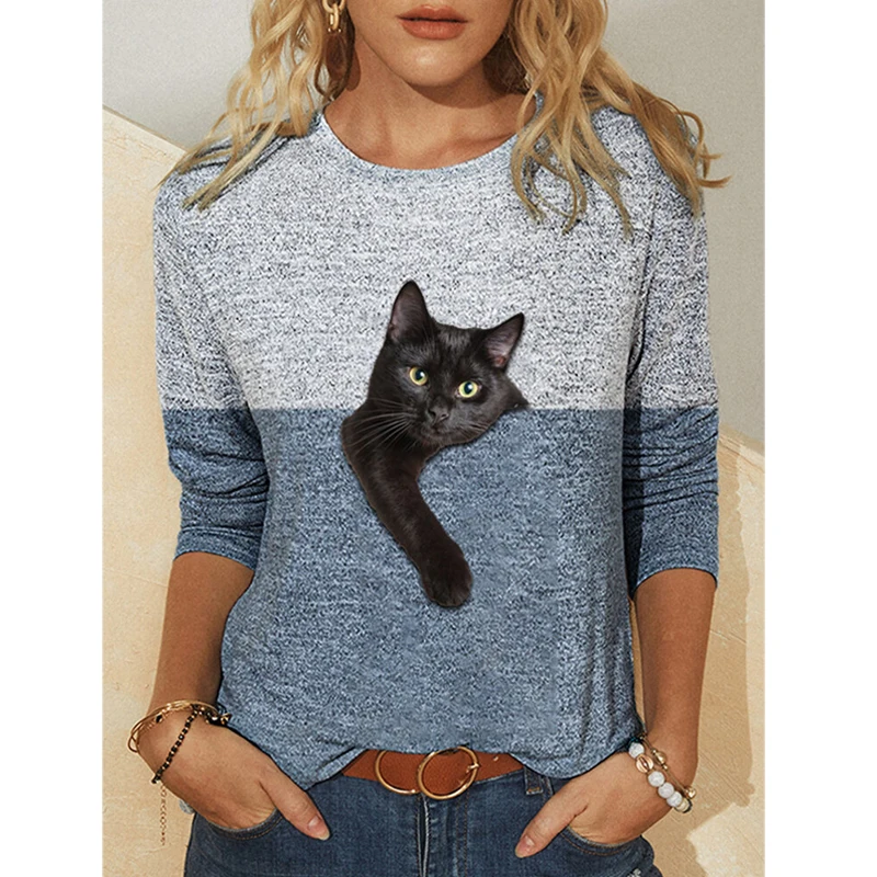 Fashion Women Cute Cartoon Cat Print Blouse Long Sleeve T Shirt Casual TopsVY