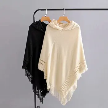 

2019 autumn new women's sweater hooded cape shawl sweater hem tassel decorative pullover sweater black and white one size sweate