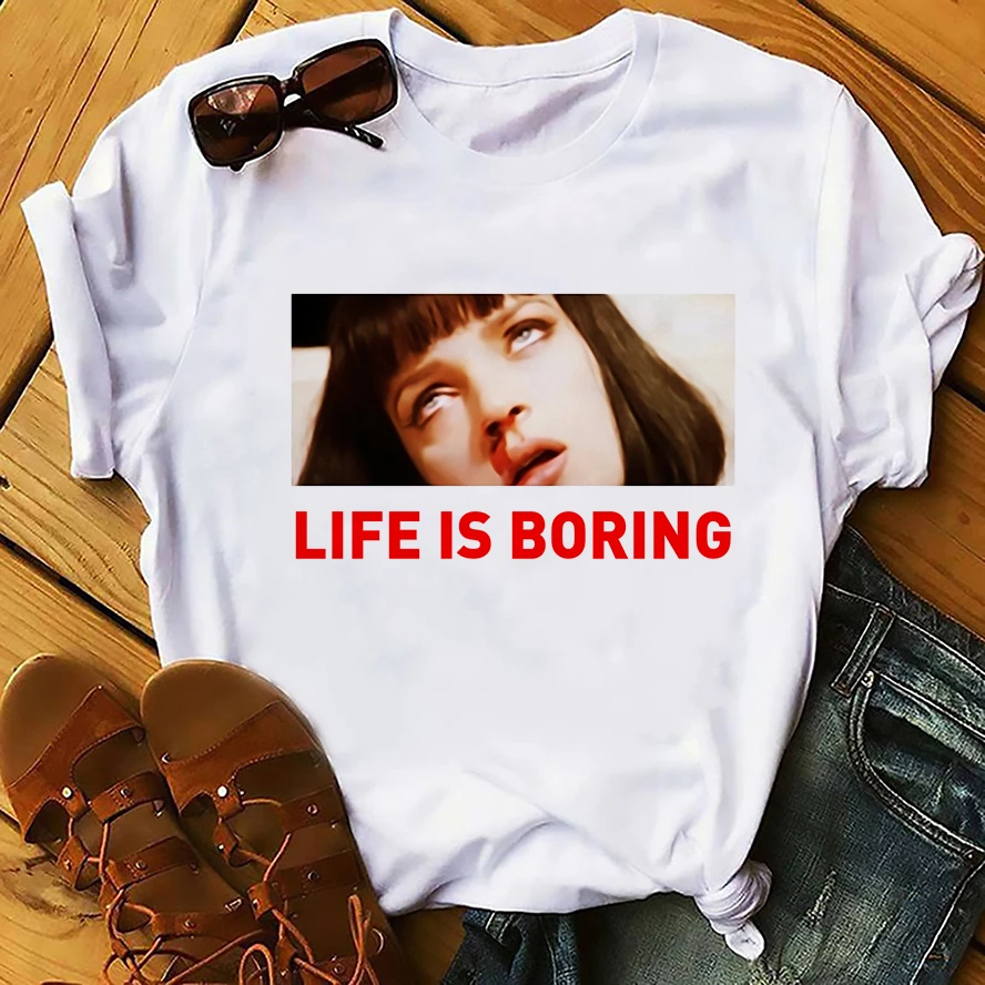 Классическая мужская футболка Quentin Pulp нимация Mia Wallace life is boring летняя новая белая