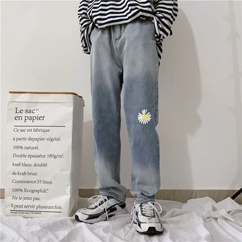 

Harajuku Flower Print Jeans Women Vintage Washed Jeans Loose High Waist Trousers Fashion Gradient Jeans Casual Straight Pants