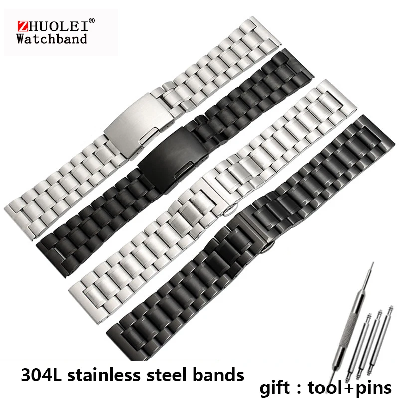 For any brand wristband stainless Steel bracelet 14mm 16mm 18mm 20mm 22mm 24mm 26mm Watch Band black silver strap | Наручные часы