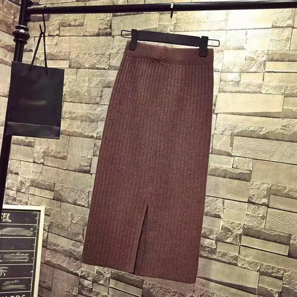 60-80 см, эластичная лента, женские юбки, Осень-зима, теплая трикотажная прямая юбка в рубчик, юбка средней длины, черная, высокое качество - Цвет: Коричневый