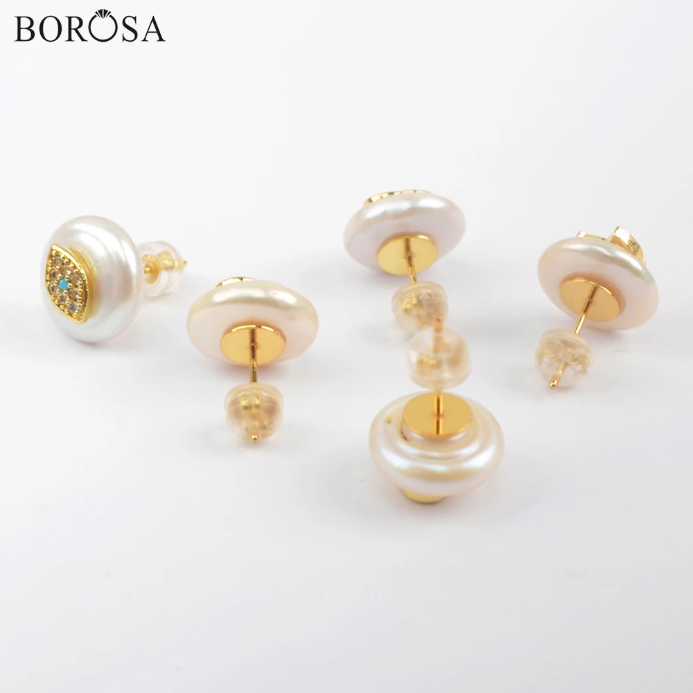 BOROSA, 5 пар, серьги из пресноводного жемчуга, ручная работа, круглый жемчуг с несколькими Фианитами, серьги-гвоздики, ювелирное изделие для женщин, подарок для жены, WX1225
