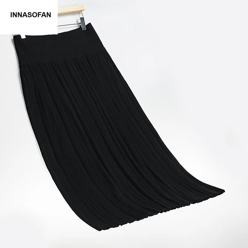 INNASOFAN, женская трикотажная юбка, Осень-зима, длинная Плиссированная юбка с высокой талией, модная, высокая, шикарная, элегантная, Однотонная юбка