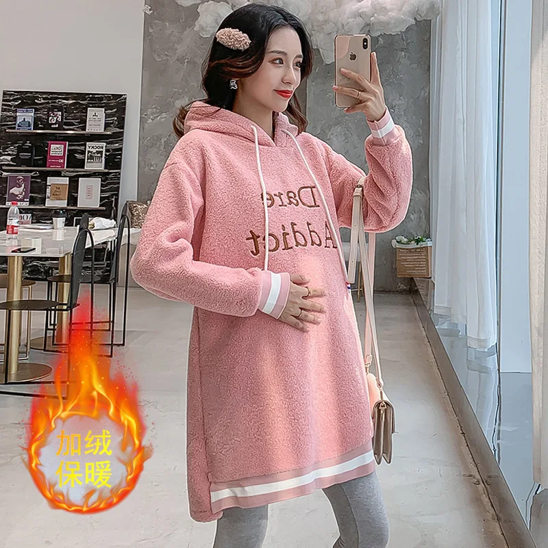 

Maternity Clothes Winter Fashion 2019 Autumn And Winter New Style Brushed And Thick Maternity Clothes Hoodie Maternity Dress
