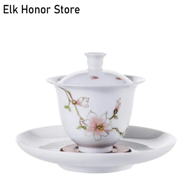 160ml Elegant Hand Painted White Ceramic Gaiwan Teacup Mangnolia Tea