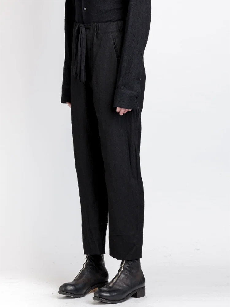 Men's Casual Pants Straight Pants Spring And Autumn New Black Elastic Waist Lacing Fashion Flax Loose Breathable Large Size