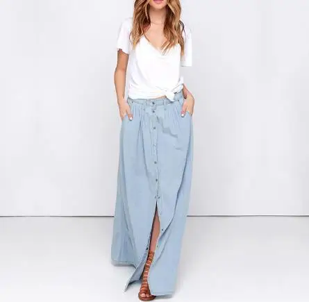 Лето 2020 Женская длинная джинсовая юбка повседневная свободная высокая талия