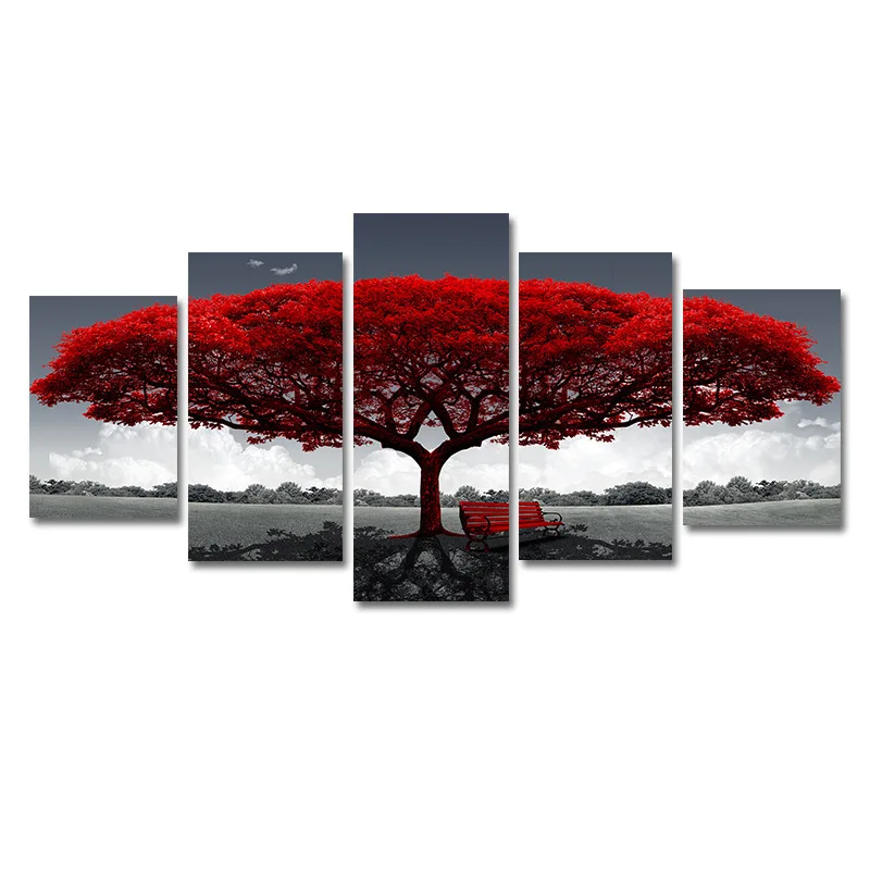 

5 Pieces Red Tree Art Scenery Landscape Paintings Framework PENGDAModular Canvas HD Prints Posters Home Decor Wall Art Pictures
