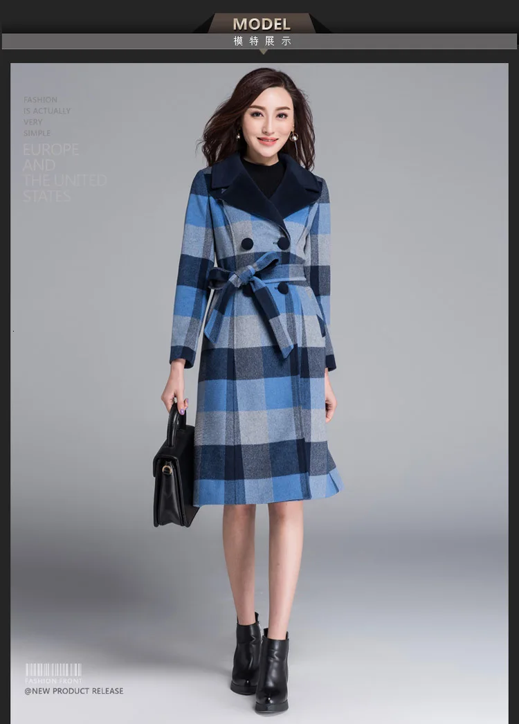 Корейское длинное теплое шерстяное пальто женская тонкая верхняя одежда в клетку осенне-зимнее шерстяное пальто высшего качества с пряжкой женское синее