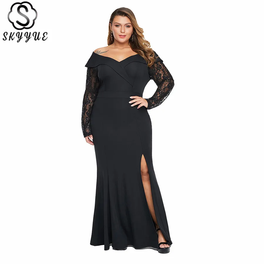 

Skyyue Lace V-Neck Long Sleeve Robe De Soiree Elegant Off Shoulder Formal Gowns Plus Size Evening Dress Women Party Dresses T016