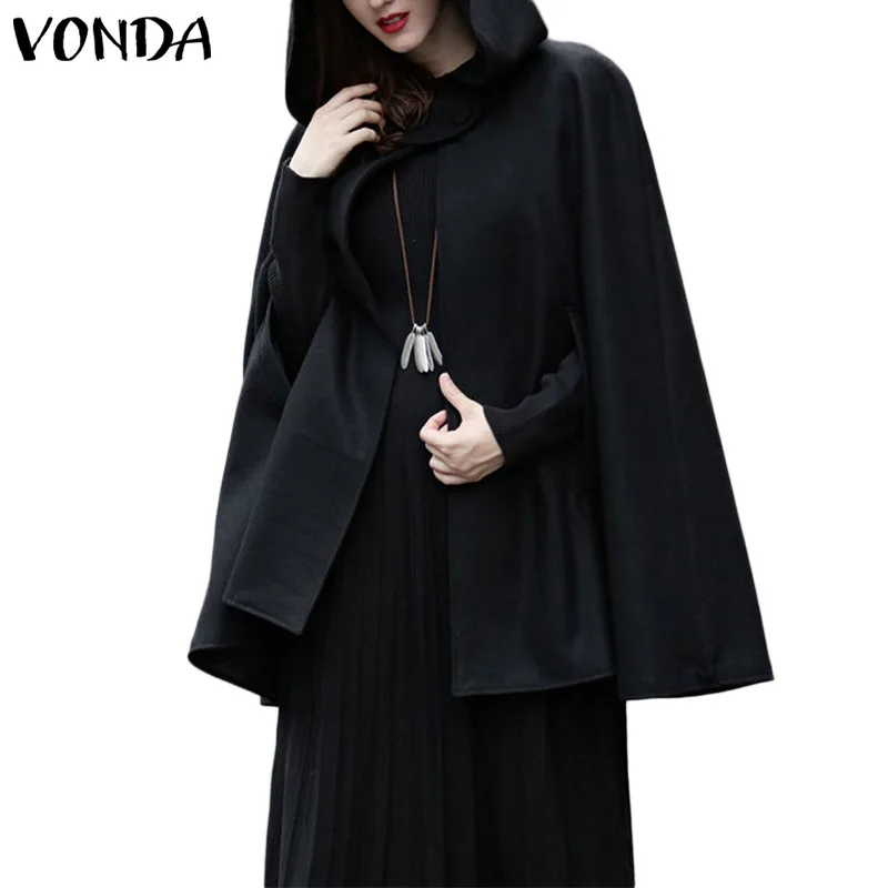 VONDA осенне-зимние женские пальто с капюшоном куртки размера плюс женские куртки средней длины с длинным рукавом Верхняя одежда тонкие ветровки - Цвет: Черный