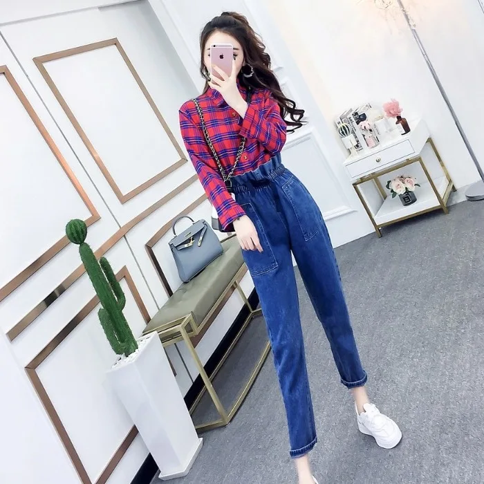 

Online Celebrity Autumn Set Two-Piece 2019 New Style Korean-style Versatile Plaid Shirt + High-waisted Bud Jeans Women's