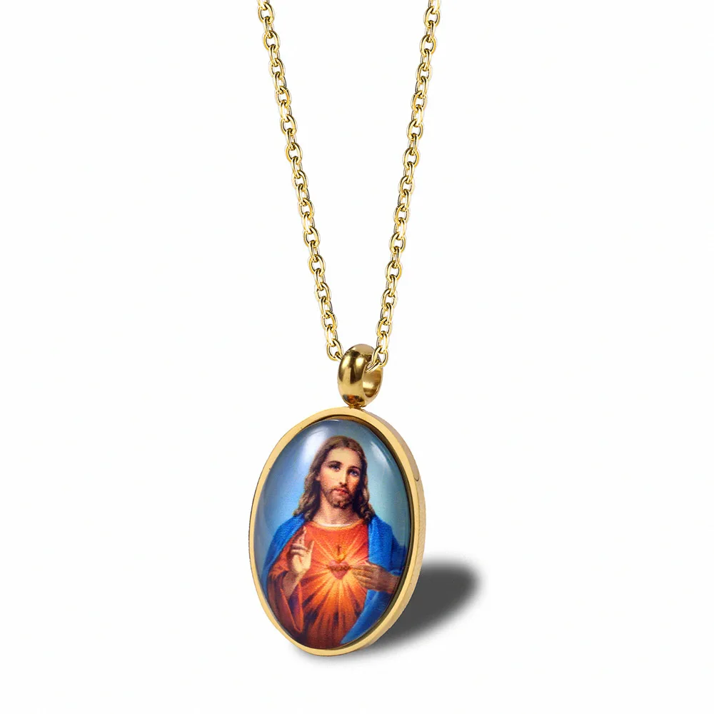 

New Style Women's Necklace Oval Gods Image Necklace Pendant Titanium Steel Jesus Religious Prayer Women's Clothing Accessories