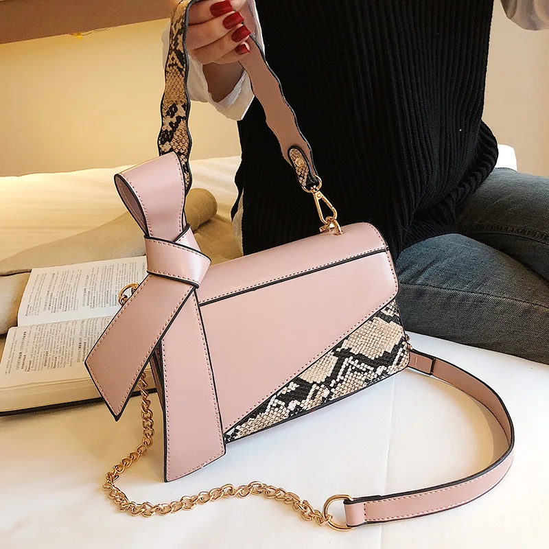 

Fashion Snake Print Women Shoulder Bags Wild Strap Bow Design Handbags Female Vintage Flap Pu Serpentine Crossbody Messenger Bag