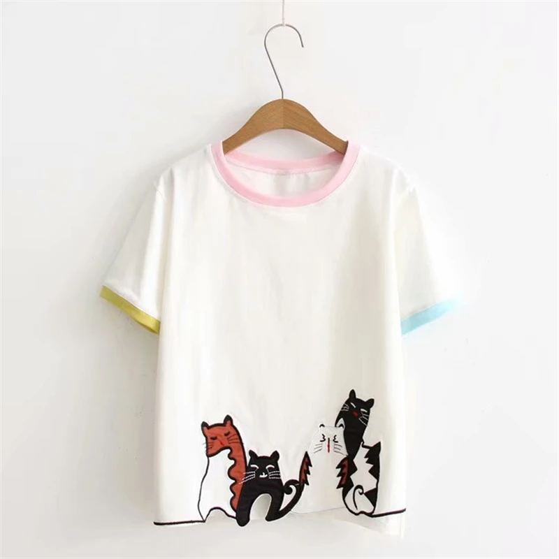 MERRY PRETTY/Хлопковые женские футболки Harajuku с вышитым котом из мультфильма летняя футболка с коротким рукавом и круглым вырезом для девочек, базовые топы, футболки