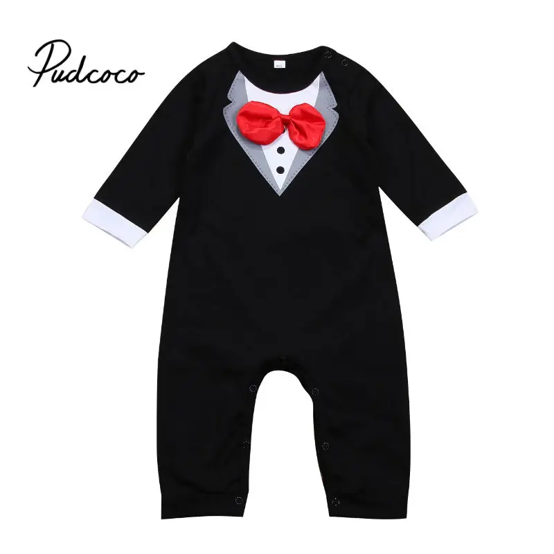 

pudcoco Toddler Handsome Baby Cool Boy Clothes Baby Long Sleeve Suit Infant Jumpsuit Gentlemen Black Bowknot Rompers Formal Suit