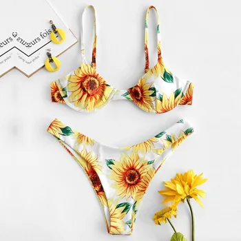 

Melphieer 2020 New Sunflower Print Bikini Underwired Push up Brazilian Bikinis Set Biquini Swimsuit Swimwear Women Bathing suit