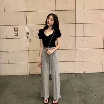 

New women's fashion casual sweet thin section solid color comfortable modal fresh stitching women's long wide leg pants