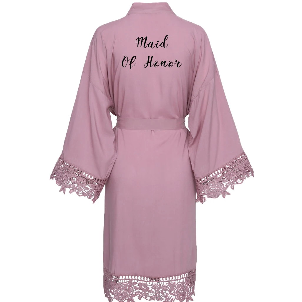mauve Maid of honor Owiter искусственный шелк Mauve однотонное хлопковое кимоно халаты с кружевной отделкой женское свадебное платье короткий пояс халат пижамы белое платье - Цвет: mauve Maid of honor