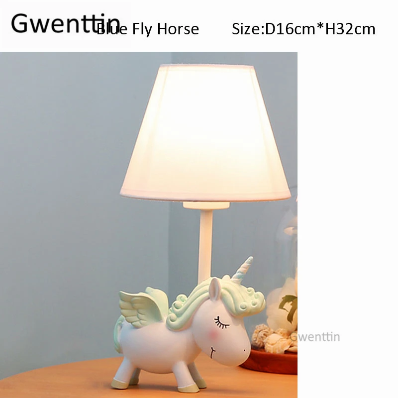 Blue Fly Horse Современные Мультяшные настольные лампы с единорогом, лампа с животными, Светодиодный настольный светильник, Светильники для детской комнаты, Детская прикроватная лампа для спальни - Цвет абажура: Blue Fly Horse