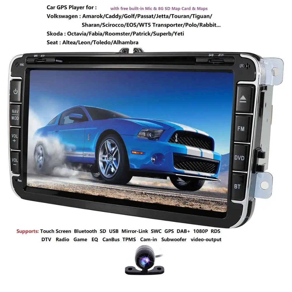 Discount 2din 8inch car dvd GPS for VW Polo Jetta Tiguan passat b6 cc fabia mirror link USB Radio BT in dash SWC GAME MAP Car Camera DAB+ 4