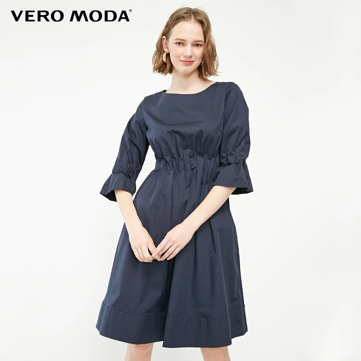 Однотонное платье Vero Moda из хлопка с эластичной талией | 31916Z512 - Цвет: Navy