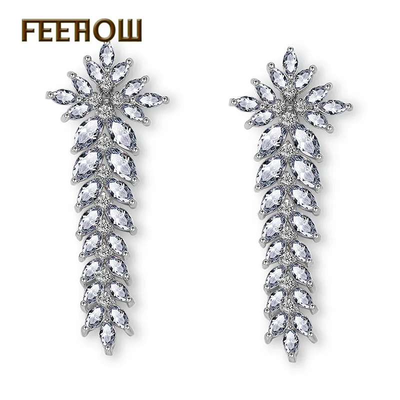 

FEEHOW Fashion 2018 Classic Style Bridal Wedding Jewelry Leaf Zirconia Crystal Long Dangling Drop Earrings For Women FWEP002